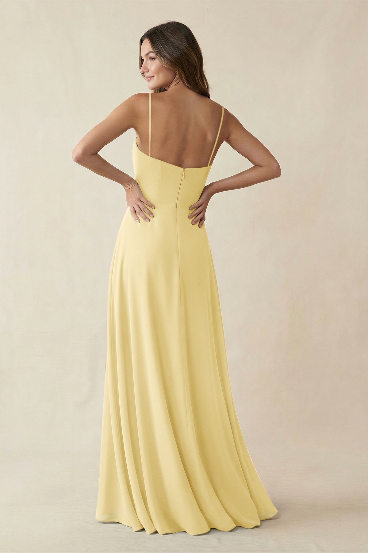 KissProm Spaghetti Strap A-Line Chiffon Maxi Bridesmaid Dress in Pastel Yellow, Pastel Yellow / 2