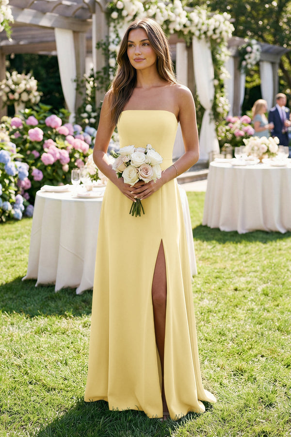 KissProm Spaghetti Strap A-Line Chiffon Maxi Bridesmaid Dress in Pastel Yellow, Pastel Yellow / 2