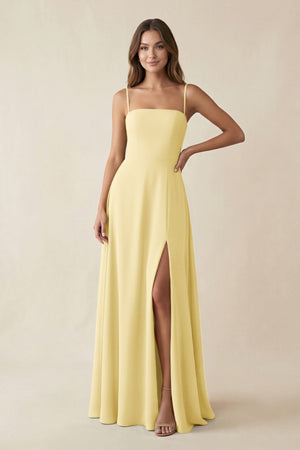 KissProm Spaghetti Strap A-Line Chiffon Maxi Bridesmaid Dress in Pastel Yellow, Pastel Yellow / 2