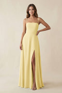 Spaghetti Strap A - Line Chiffon Maxi Bridesmaid Dress in Pastel Yellow - KissProm Bridesmaid Dresses