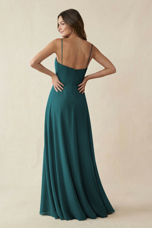 Spaghetti Strap A - Line Chiffon Maxi Bridesmaid Dress in Pine - KissProm Bridesmaid Dresses