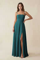 Spaghetti Strap A - Line Chiffon Maxi Bridesmaid Dress in Pine - KissProm Bridesmaid Dresses