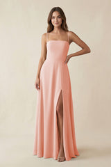 Spaghetti Strap A - Line Chiffon Maxi Bridesmaid Dress in Rose Petal - KissProm Bridesmaid Dresses