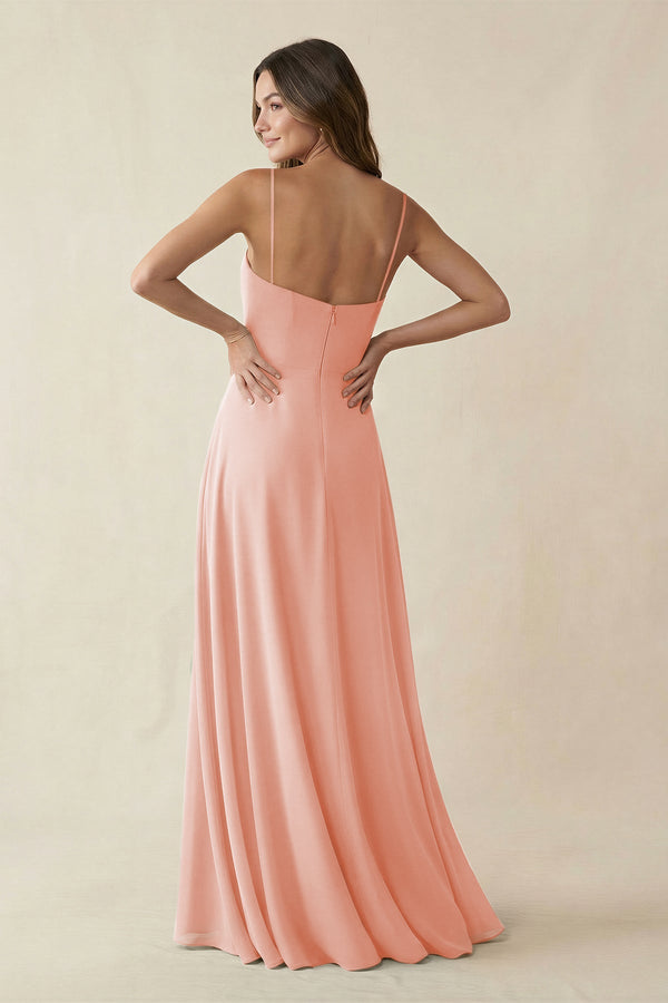 Spaghetti Strap A - Line Chiffon Maxi Bridesmaid Dress in Rose Petal - KissProm Bridesmaid Dresses