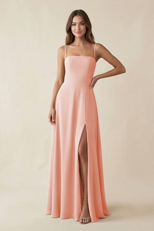 Spaghetti Strap A - Line Chiffon Maxi Bridesmaid Dress in Rose Petal - KissProm Bridesmaid Dresses