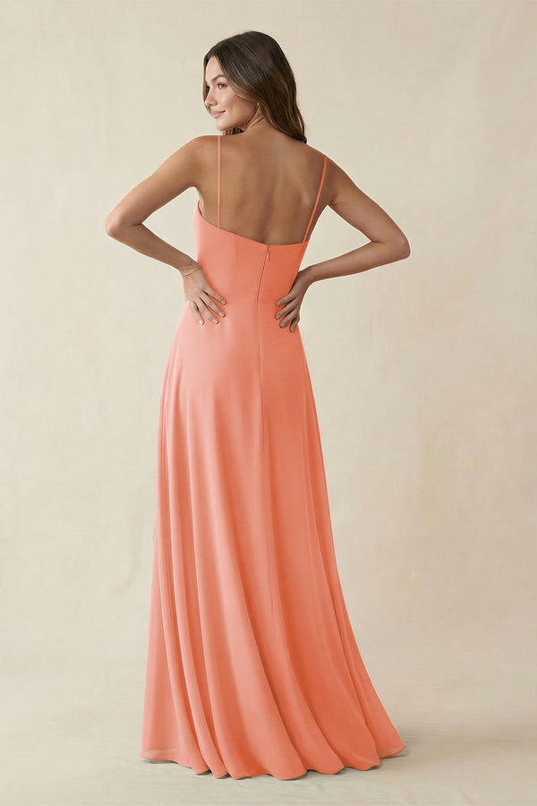 Spaghetti Strap A - Line Chiffon Maxi Bridesmaid Dress in Rosette - KissProm Bridesmaid Dresses