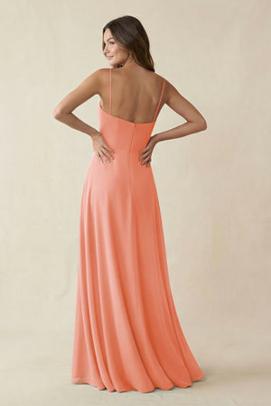 Spaghetti Strap A - Line Chiffon Maxi Bridesmaid Dress in Rosette - KissProm Bridesmaid Dresses