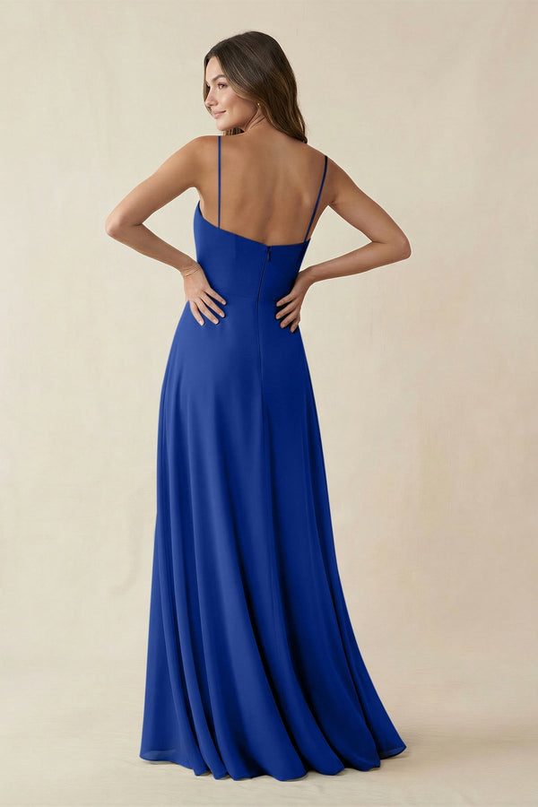 Spaghetti Strap A - Line Chiffon Maxi Bridesmaid Dress in Royal Blue - KissProm Bridesmaid Dresses