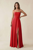 Spaghetti Strap A - Line Chiffon Maxi Bridesmaid Dress in Ruby Red - KissProm Bridesmaid Dresses