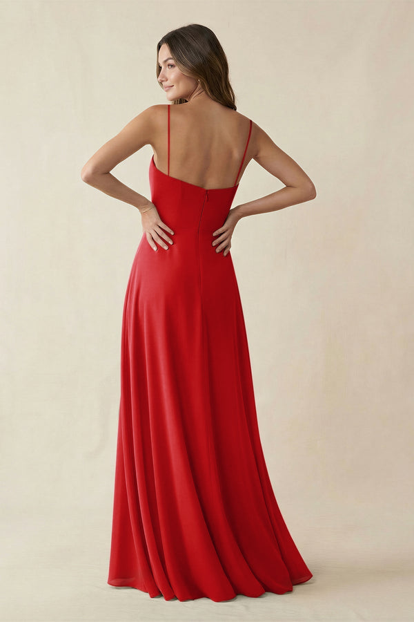 Spaghetti Strap A - Line Chiffon Maxi Bridesmaid Dress in Ruby Red - KissProm Bridesmaid Dresses