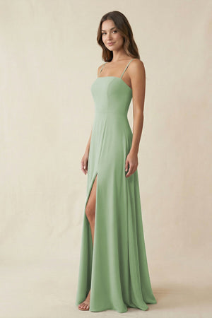 Spaghetti Strap A - Line Chiffon Maxi Bridesmaid Dress in Sage - KissProm Bridesmaid Dresses
