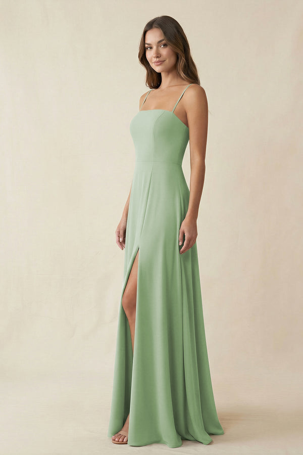 Spaghetti Strap A - Line Chiffon Maxi Bridesmaid Dress in Sage - KissProm Bridesmaid Dresses