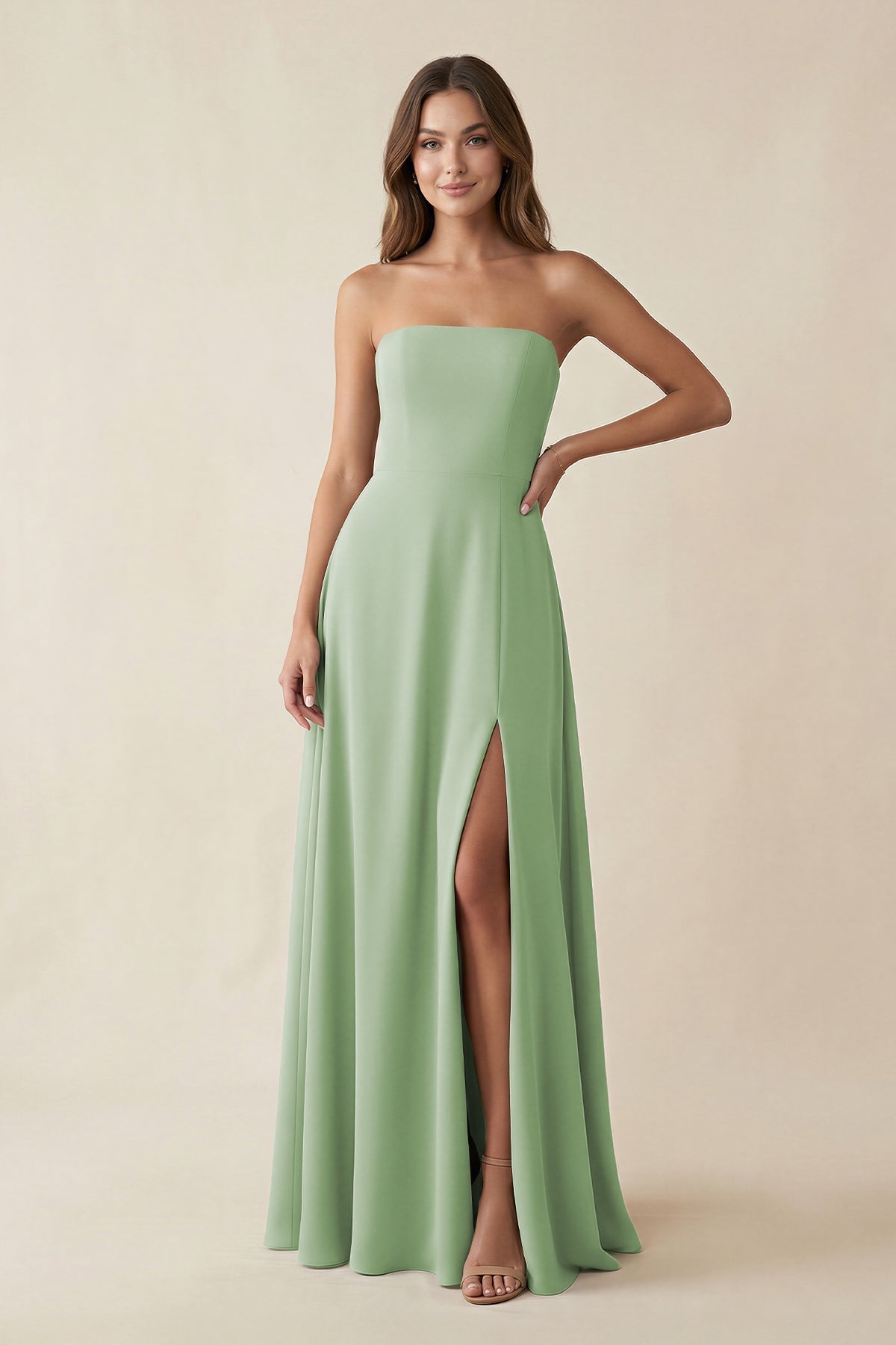 KissProm Spaghetti Strap A-Line Chiffon Maxi Bridesmaid Dress in Sage, Sage / 30