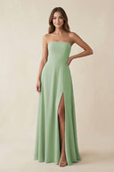 Spaghetti Strap A - Line Chiffon Maxi Bridesmaid Dress in Sage - KissProm Bridesmaid Dresses