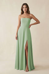 Spaghetti Strap A - Line Chiffon Maxi Bridesmaid Dress in Sage - KissProm Bridesmaid Dresses