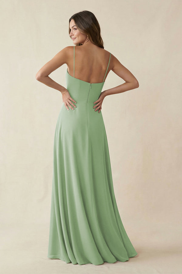 Spaghetti Strap A-Line Chiffon Maxi Bridesmaid Dress in Sage, Sage / 16