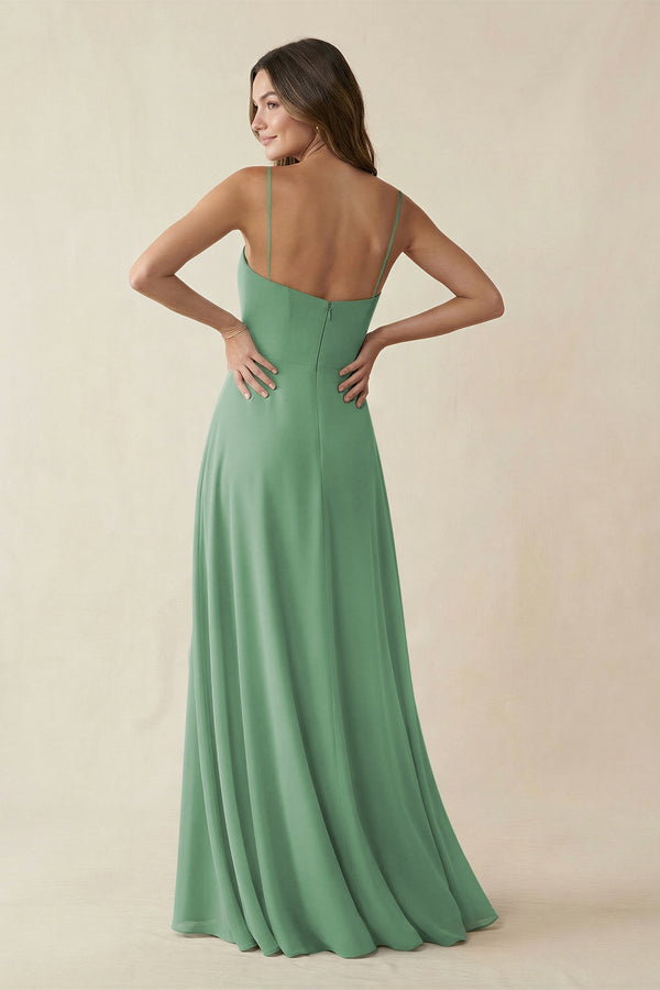 Spaghetti Strap A - Line Chiffon Maxi Bridesmaid Dress in Sea Glass - KissProm Bridesmaid Dresses