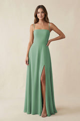 Spaghetti Strap A - Line Chiffon Maxi Bridesmaid Dress in Sea Glass - KissProm Bridesmaid Dresses