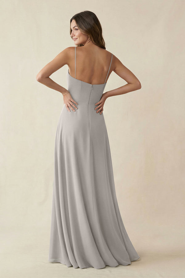 Spaghetti Strap A - Line Chiffon Maxi Bridesmaid Dress in Silver - KissProm Bridesmaid Dresses