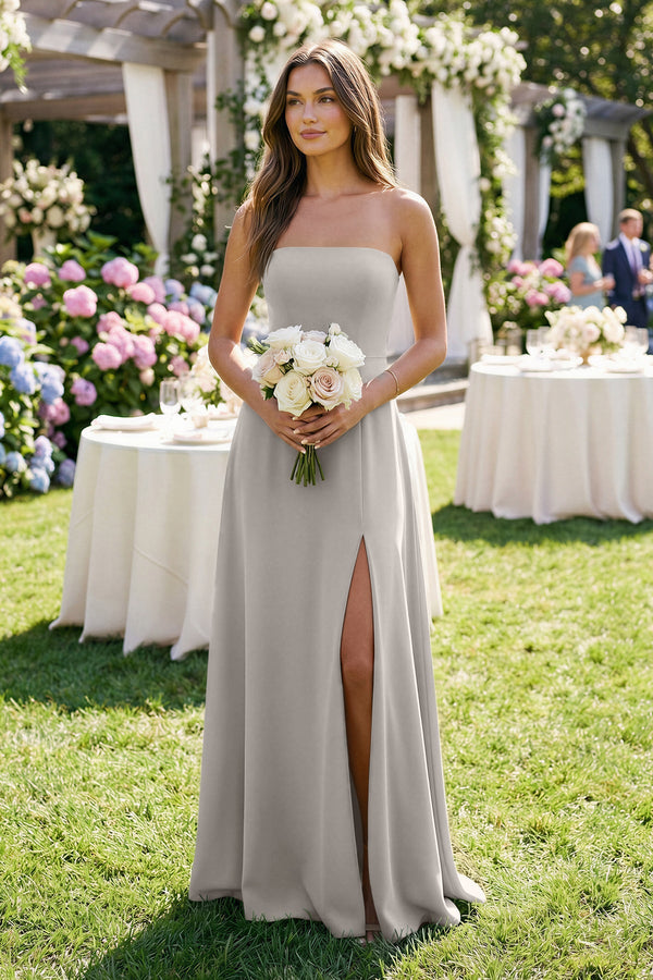 KissProm | Ruched Chiffon A-Line Bridesmaid Dress with Slit in Silver KissProm | Ruched Chiffon A-Line Bridesmaid Dress with Slit in Silver