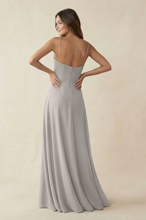 Spaghetti Strap A - Line Chiffon Maxi Bridesmaid Dress in Silver - KissProm Bridesmaid Dresses