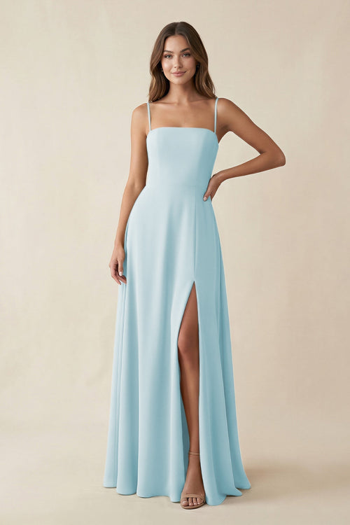 Spaghetti Strap A - Line Chiffon Maxi Bridesmaid Dress in Sky Blue - KissProm Bridesmaid Dresses