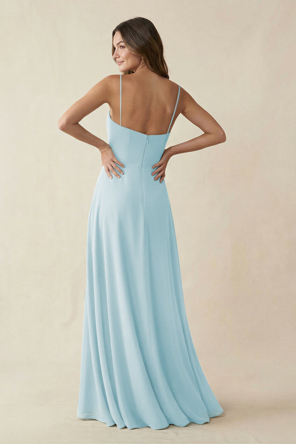 Spaghetti Strap A - Line Chiffon Maxi Bridesmaid Dress in Sky Blue - KissProm Bridesmaid Dresses