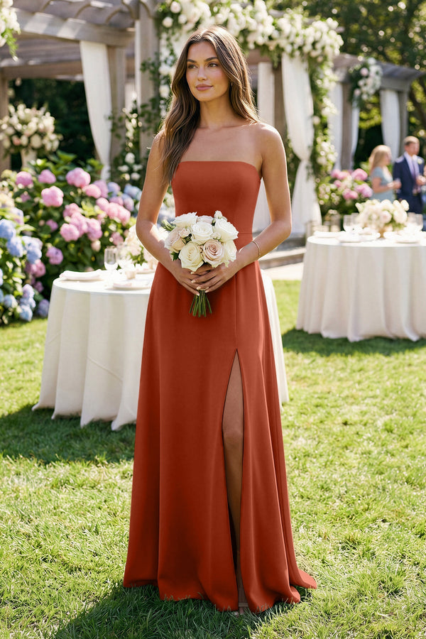 Spaghetti Strap A - Line Chiffon Maxi Bridesmaid Dress in Spice - KissProm Bridesmaid Dresses