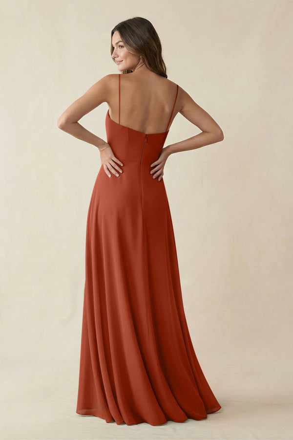 Spaghetti Strap A - Line Chiffon Maxi Bridesmaid Dress in Spice - KissProm Bridesmaid Dresses