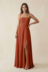 Spaghetti Strap A - Line Chiffon Maxi Bridesmaid Dress in Spice - KissProm Bridesmaid Dresses