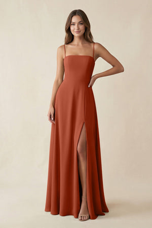 Spaghetti Strap A - Line Chiffon Maxi Bridesmaid Dress in Spice - KissProm Bridesmaid Dresses