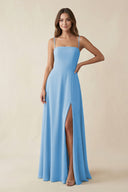 Spaghetti Strap A - Line Chiffon Maxi Bridesmaid Dress in Steel Blue - KissProm Bridesmaid Dresses