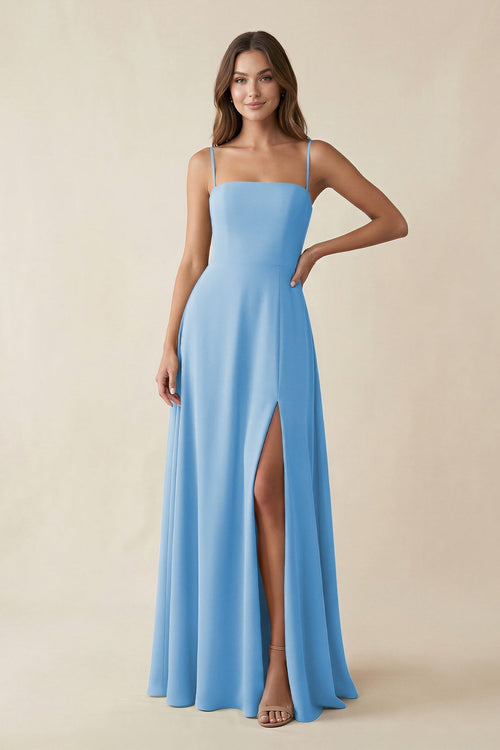 Spaghetti Strap A - Line Chiffon Maxi Bridesmaid Dress in Steel Blue - KissProm Bridesmaid Dresses