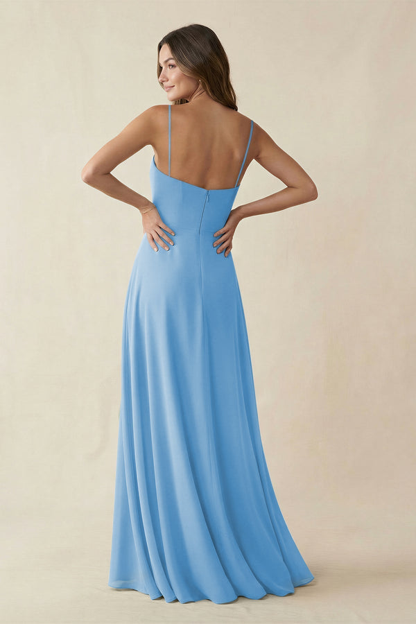 Spaghetti Strap A - Line Chiffon Maxi Bridesmaid Dress in Steel Blue - KissProm Bridesmaid Dresses
