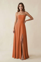 Spaghetti Strap A - Line Chiffon Maxi Bridesmaid Dress in Terracotta - KissProm Bridesmaid Dresses