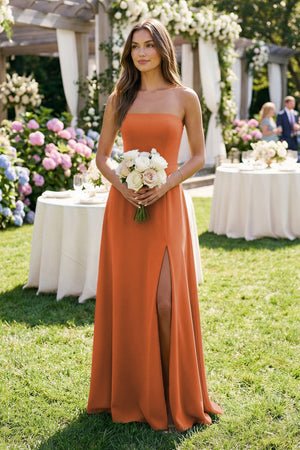 Spaghetti Strap A - Line Chiffon Maxi Bridesmaid Dress in Terracotta - KissProm Bridesmaid Dresses