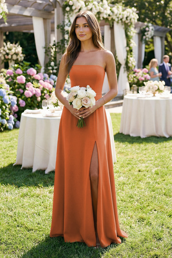 KissProm | Ruched Chiffon A-Line Bridesmaid Dress with Slit in Terracotta