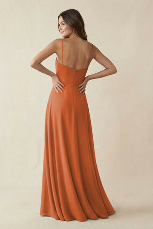 Spaghetti Strap A - Line Chiffon Maxi Bridesmaid Dress in Terracotta - KissProm Bridesmaid Dresses