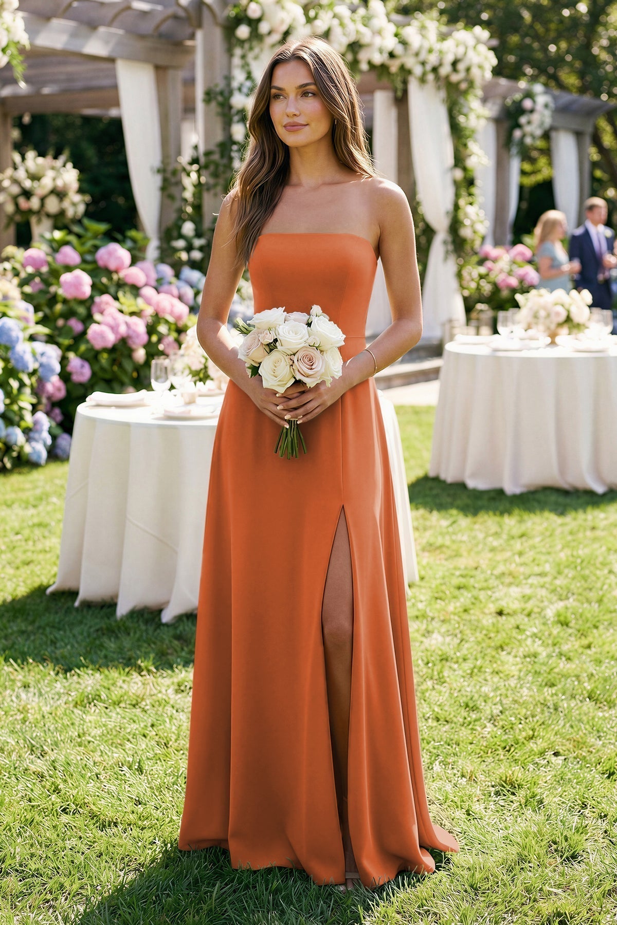 KissProm Spaghetti Strap A-Line Chiffon Maxi Bridesmaid Dress in Terracotta, Terracotta / 0