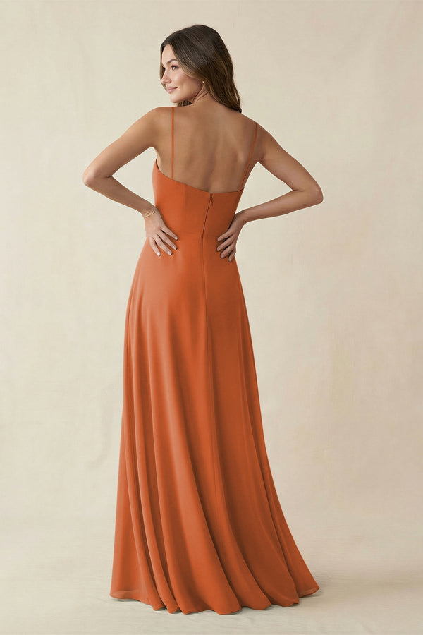 Spaghetti Strap A - Line Chiffon Maxi Bridesmaid Dress in Terracotta - KissProm Bridesmaid Dresses