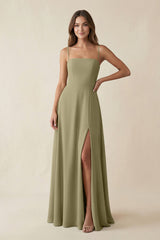 Spaghetti Strap A - Line Chiffon Maxi Bridesmaid Dress in Thyme - KissProm Bridesmaid Dresses