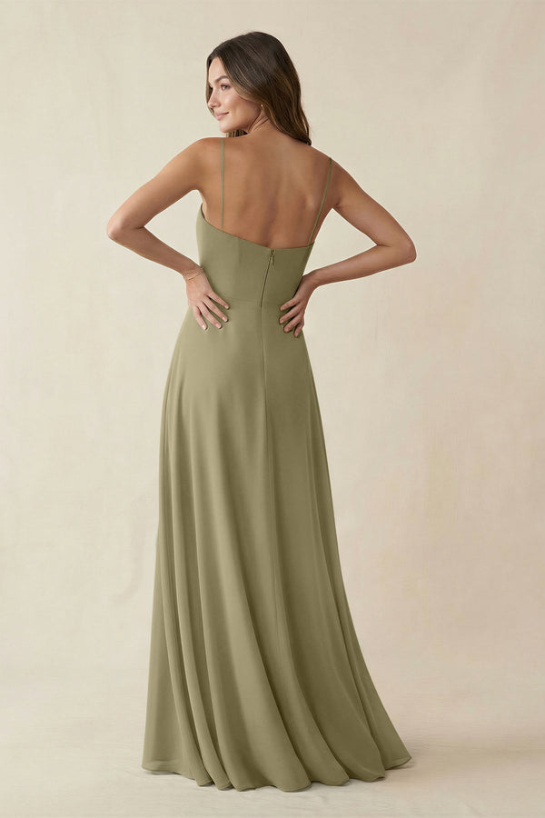 Spaghetti Strap A - Line Chiffon Maxi Bridesmaid Dress in Thyme - KissProm Bridesmaid Dresses