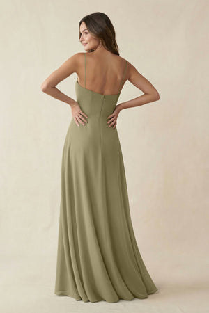 Spaghetti Strap A - Line Chiffon Maxi Bridesmaid Dress in Thyme - KissProm Bridesmaid Dresses