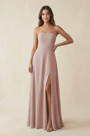 Spaghetti Strap A - Line Chiffon Maxi Bridesmaid Dress in Toffee - KissProm Bridesmaid Dresses