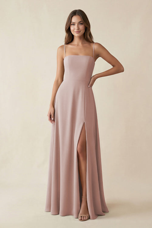 Spaghetti Strap A - Line Chiffon Maxi Bridesmaid Dress in Toffee - KissProm Bridesmaid Dresses