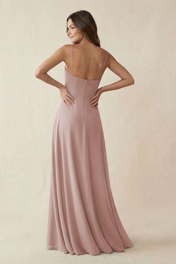 Spaghetti Strap A - Line Chiffon Maxi Bridesmaid Dress in Toffee - KissProm Bridesmaid Dresses