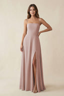 Spaghetti Strap A - Line Chiffon Maxi Bridesmaid Dress in Toffee - KissProm Bridesmaid Dresses