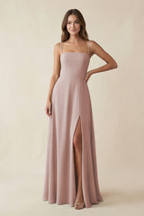 Spaghetti Strap A - Line Chiffon Maxi Bridesmaid Dress in Toffee - KissProm Bridesmaid Dresses
