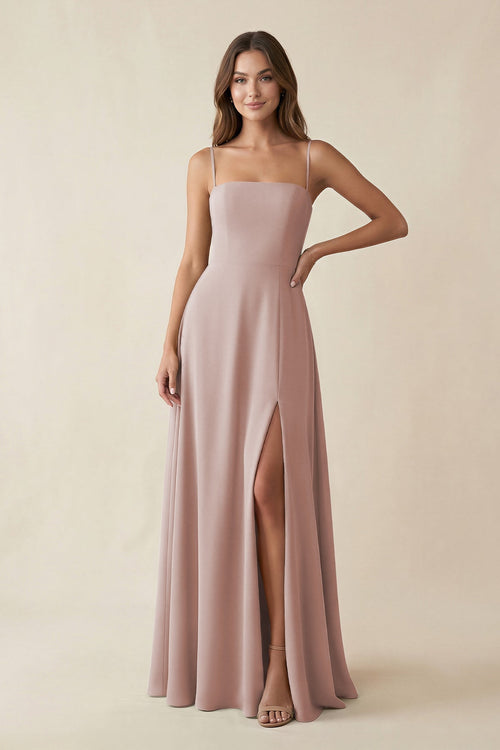 Spaghetti Strap A - Line Chiffon Maxi Bridesmaid Dress in Toffee - KissProm Bridesmaid Dresses