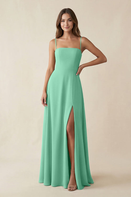 Spaghetti Strap A - Line Chiffon Maxi Bridesmaid Dress in Turquoise - KissProm Bridesmaid Dresses